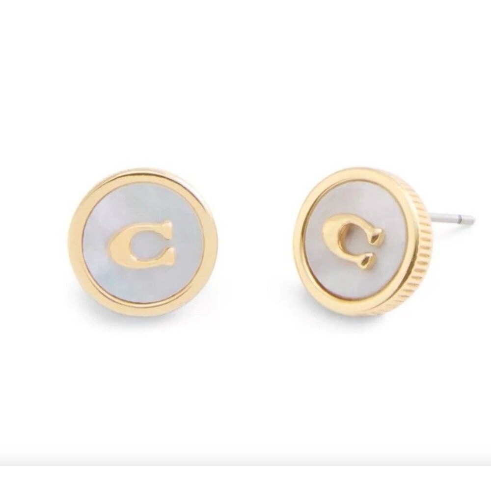 COACH STUD EARRINGS GOLD TONE Mother Of Pearl 0.4” NEW YORK SIGNATURE LOGO GIFT - Picture 5 of 14